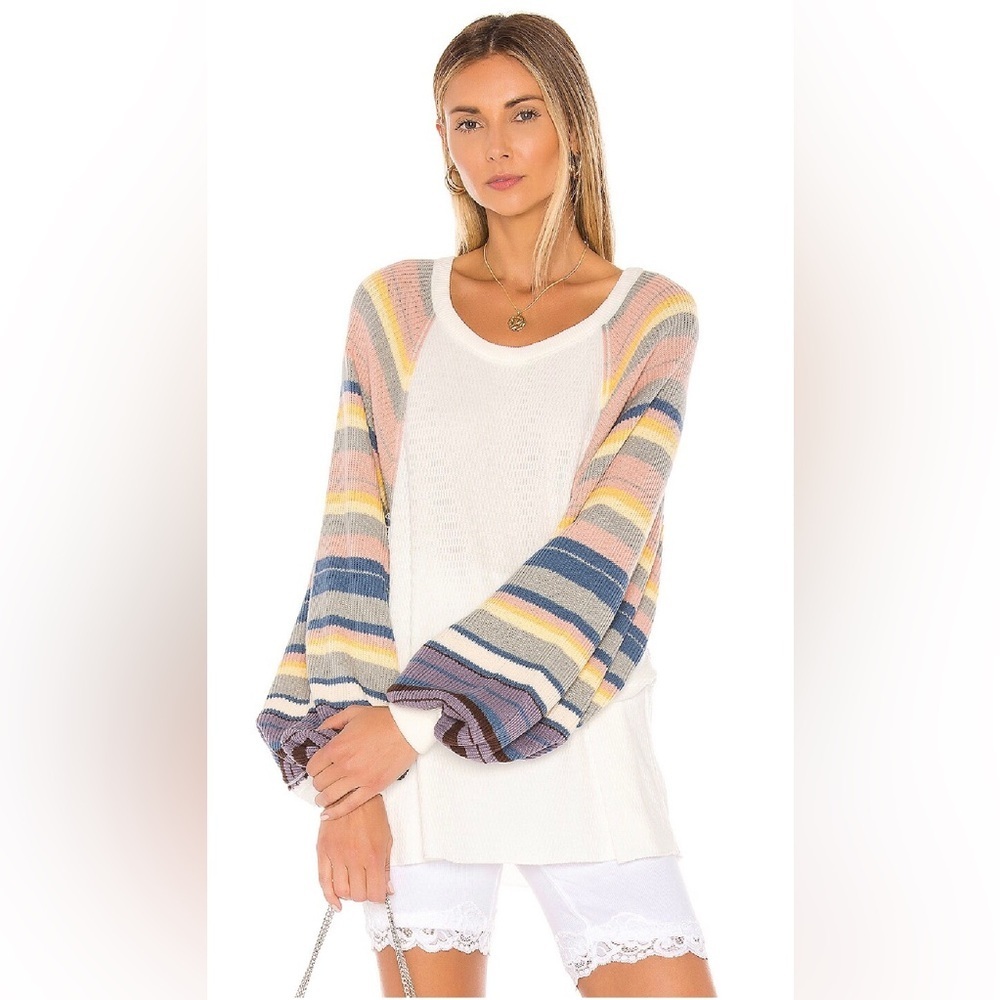 NWOT Free People We The Free Rainbow Dreams Balloon Sleeve Thermal Knit Top Sz S